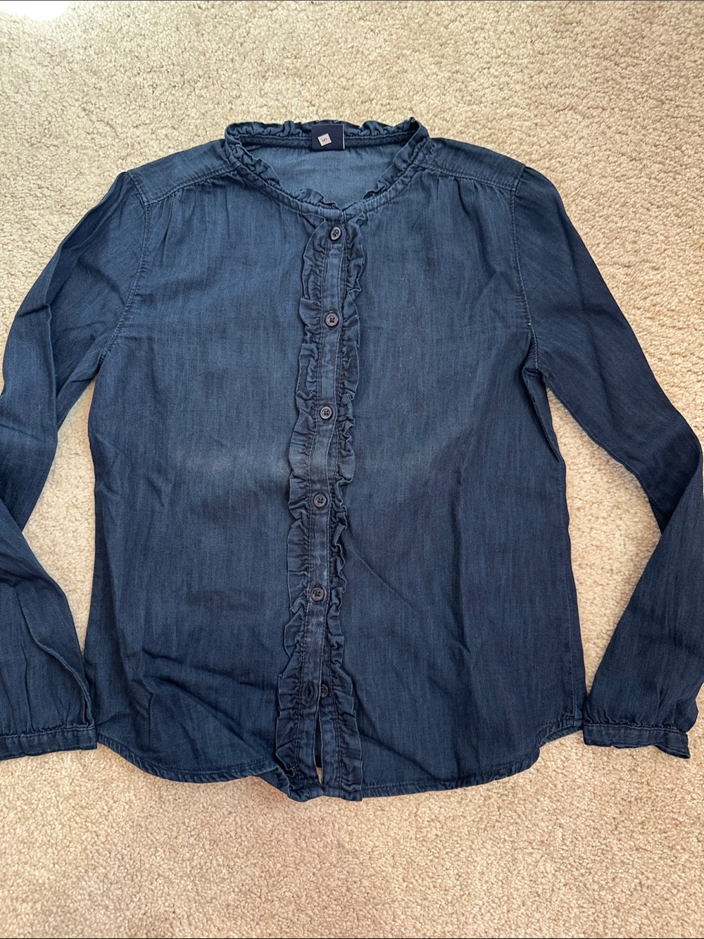 Dark Blue Denim Ruffle-Front Button Down Blouse for Girls (sz med)